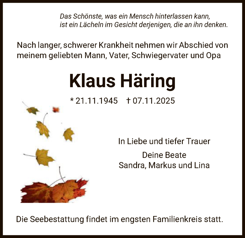  Traueranzeige für Klaus Häring vom 25.11.2025 aus FNP