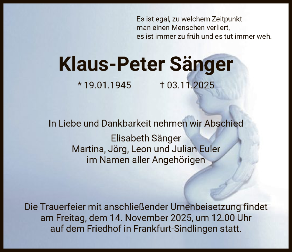  Traueranzeige für Klaus-Peter Sänger vom 08.11.2025 aus FNP