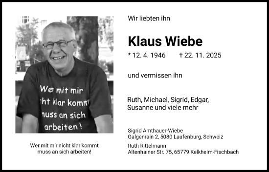 Traueranzeige von Klaus Wiebe von FNP