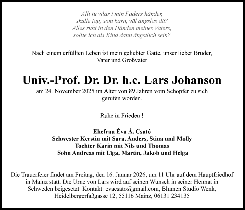  Traueranzeige für Lars Johanson vom 29.11.2025 aus FNP