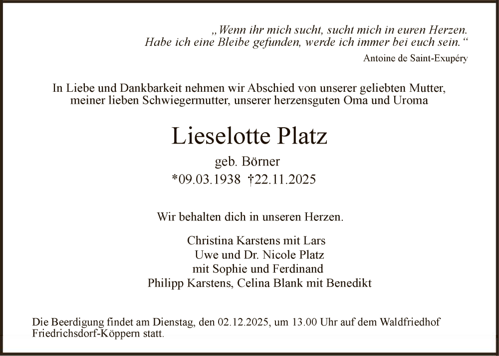  Traueranzeige für Lieselotte Platz vom 29.11.2025 aus FNP