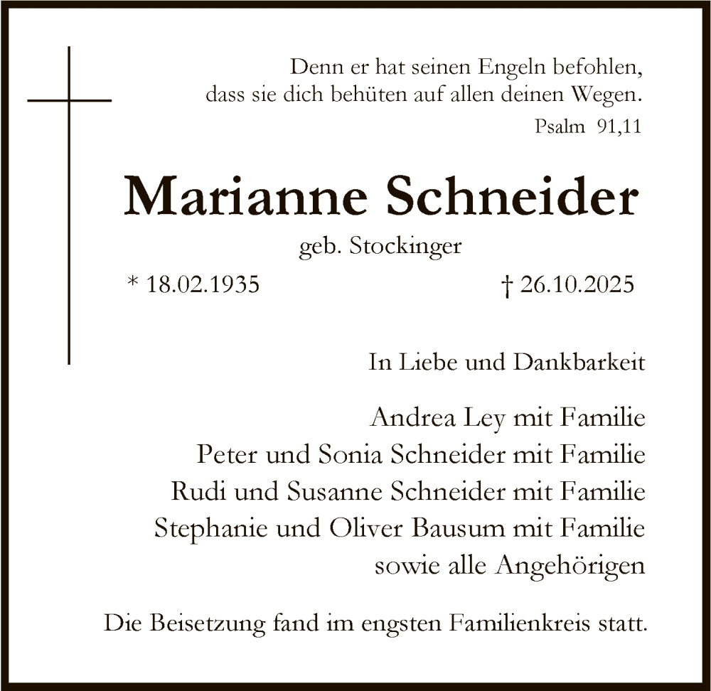  Traueranzeige für Marianne Schneider vom 15.11.2025 aus FNP