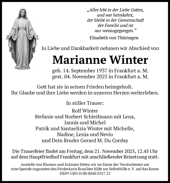 Traueranzeige von Marianne Winter von FNP