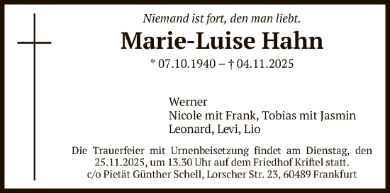 Traueranzeige von Marie-Luise Hahn von FNP