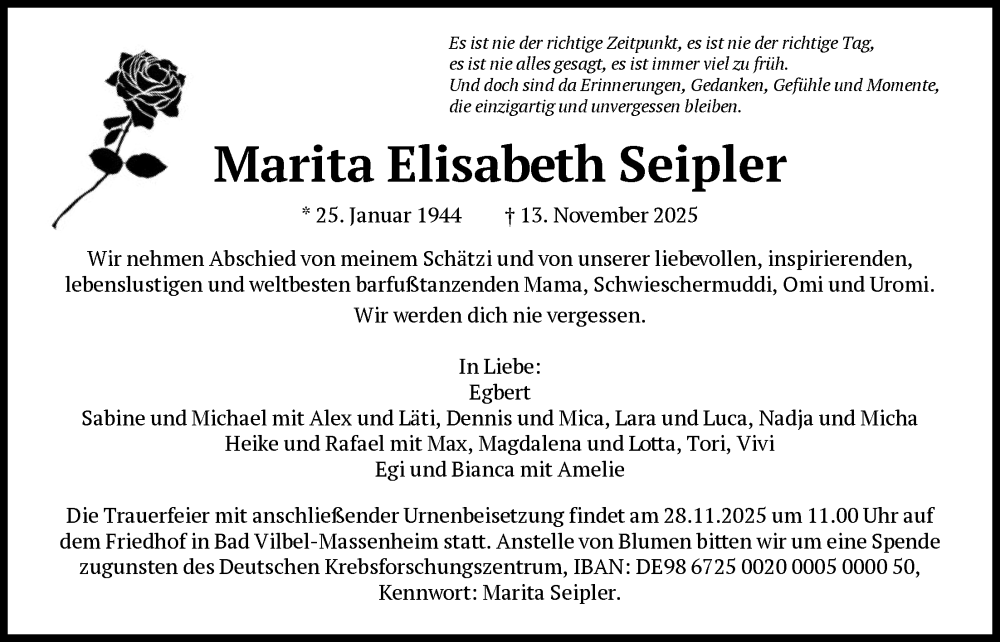  Traueranzeige für Marita Elisabeth Seipler vom 22.11.2025 aus FNP