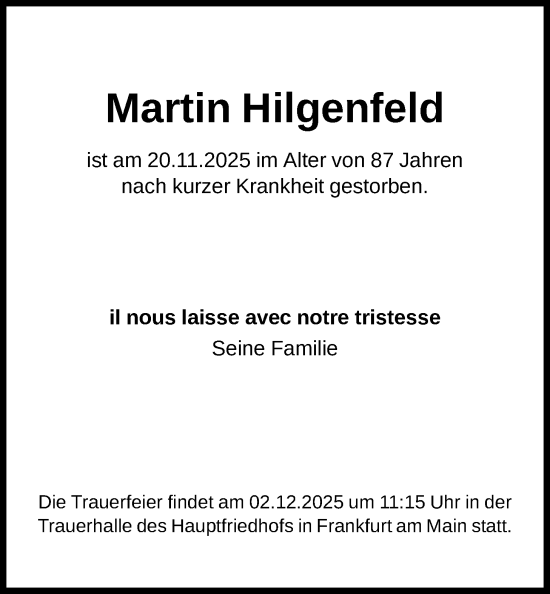 Traueranzeige von Martin Hilgenfeld von FNP
