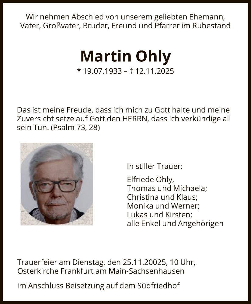  Traueranzeige für Martin Ohly vom 22.11.2025 aus FNP