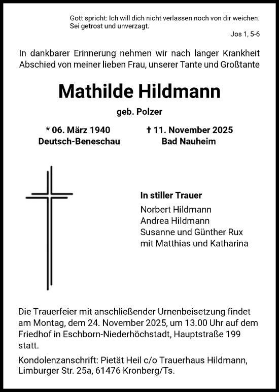 Traueranzeige von Mathilde Hildmann von FNP