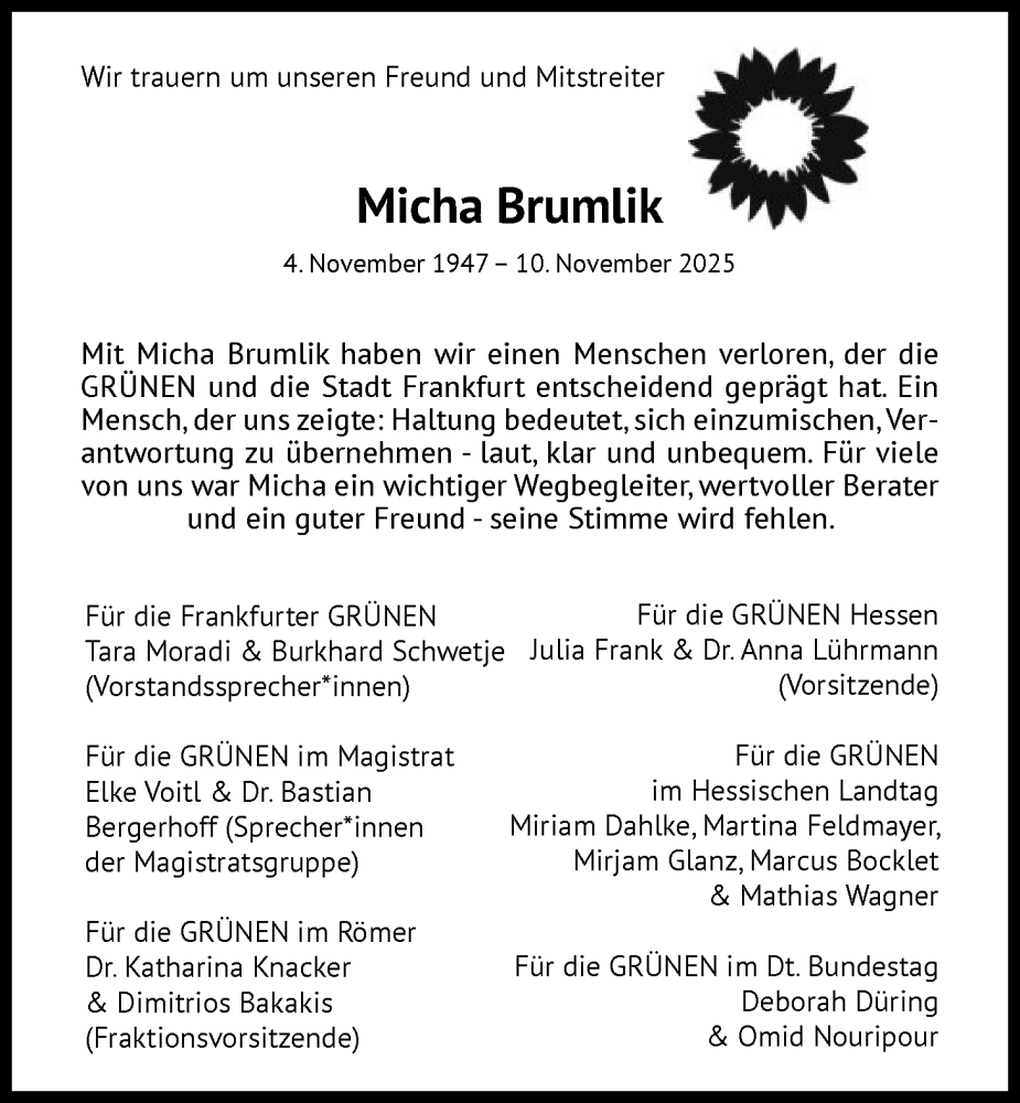  Traueranzeige für Micha Brumlik vom 15.11.2025 aus FNP