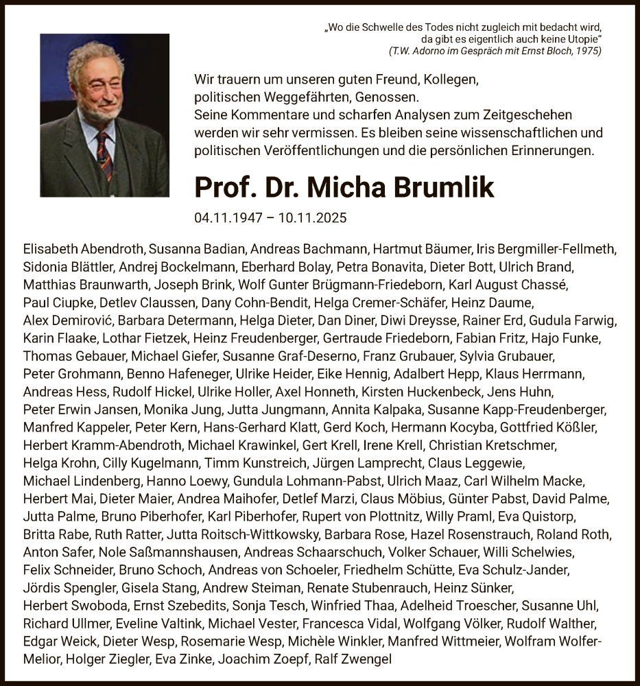  Traueranzeige für Micha Brumlik vom 22.11.2025 aus FNP