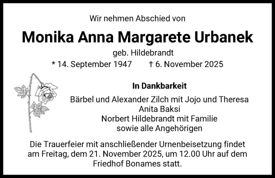 Traueranzeige von Monika Anna Margarete Urbanek von FNP