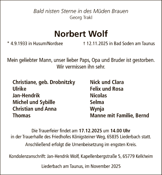 Traueranzeige von Norbert Wolf von FNP