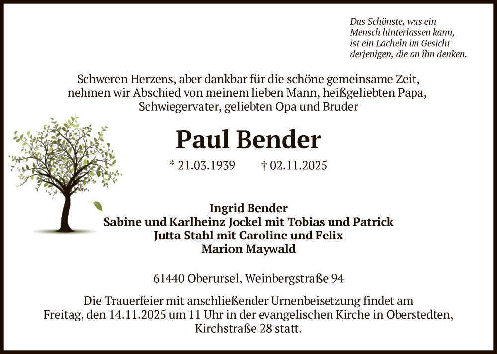  Traueranzeige für Paul Bender vom 08.11.2025 aus FNP