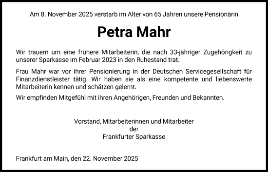 Traueranzeige von Petra Mahr von FNP