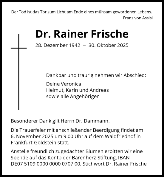 Traueranzeige von Rainer Frische von FNP