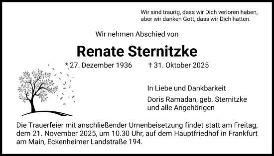 Traueranzeige von Renate Sternitzke von FNP