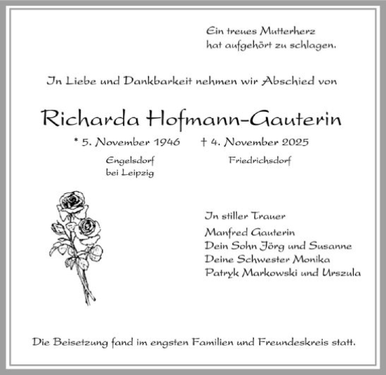 Traueranzeige von Richarda Hofmann-Gauterin von FNP