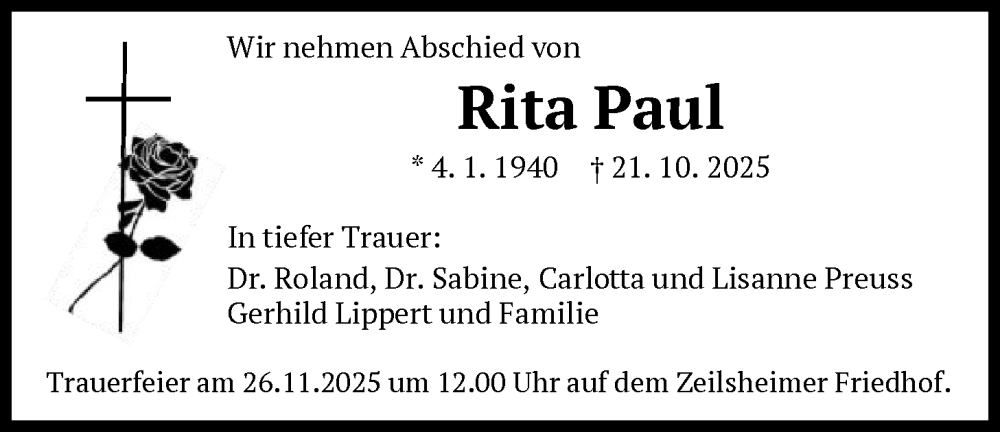 Traueranzeige für Rita Paul vom 22.11.2025 aus FNP