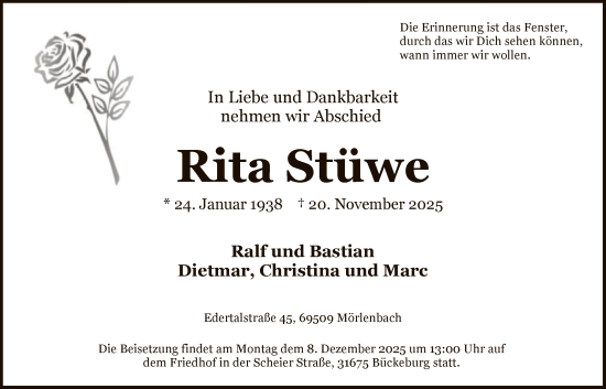 Traueranzeige von Rita Stüwe von FNP