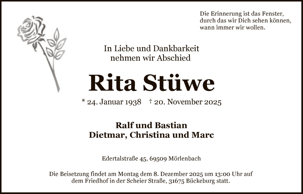  Traueranzeige für Rita Stüwe vom 29.11.2025 aus FNP