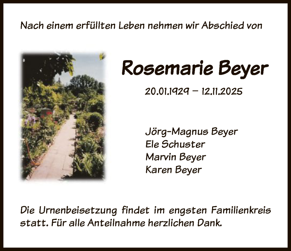  Traueranzeige für Rosemarie Beyer vom 22.11.2025 aus FNP