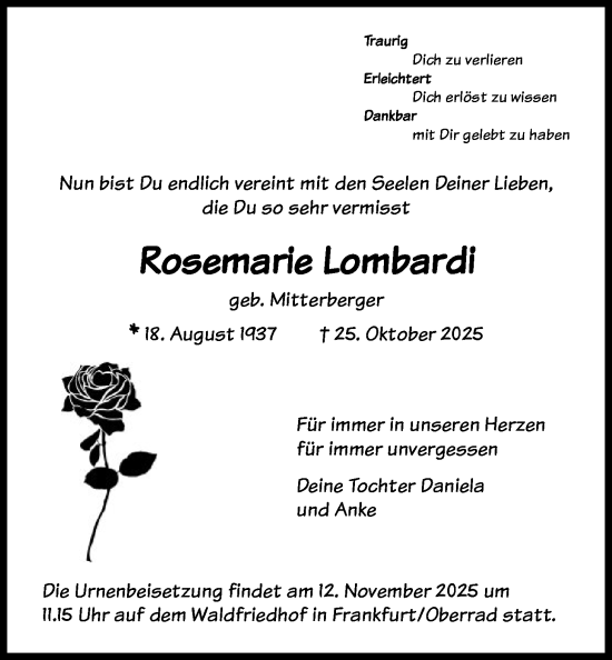 Traueranzeige von Rosemarie Lombardi von FNP