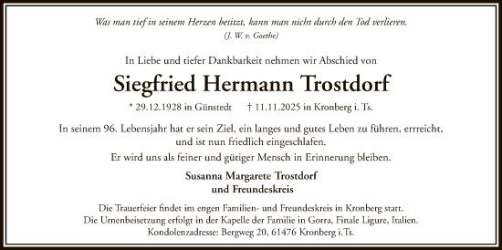 Traueranzeige von Siegfried Hermann Trostdorf von FNP