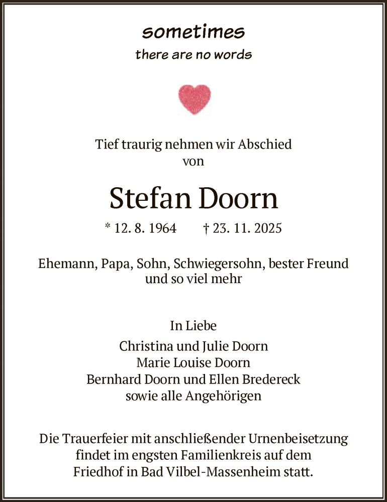  Traueranzeige für Stefan Doorn vom 29.11.2025 aus FNP