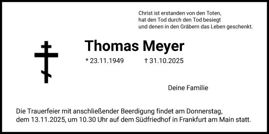Traueranzeige von Thomas Meyer von FNP