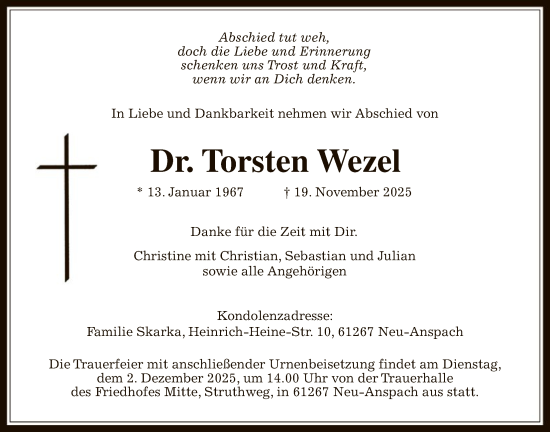 Traueranzeige von Torsten Wezel von FNP