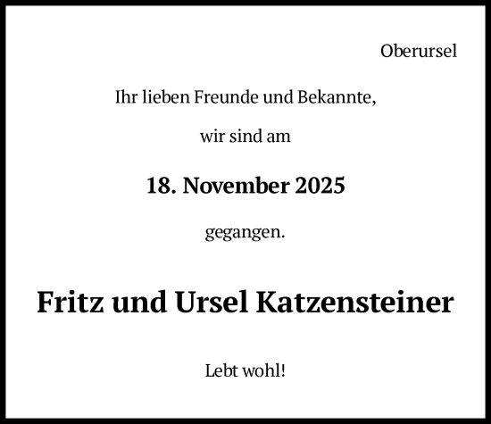 Traueranzeige von Ursel Katzensteiner von FNP