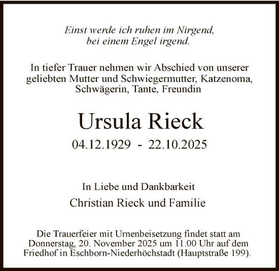 Traueranzeige von Ursula Rieck von FNP