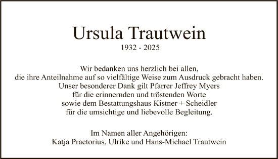 Traueranzeige von Ursula Trautwein von FNP