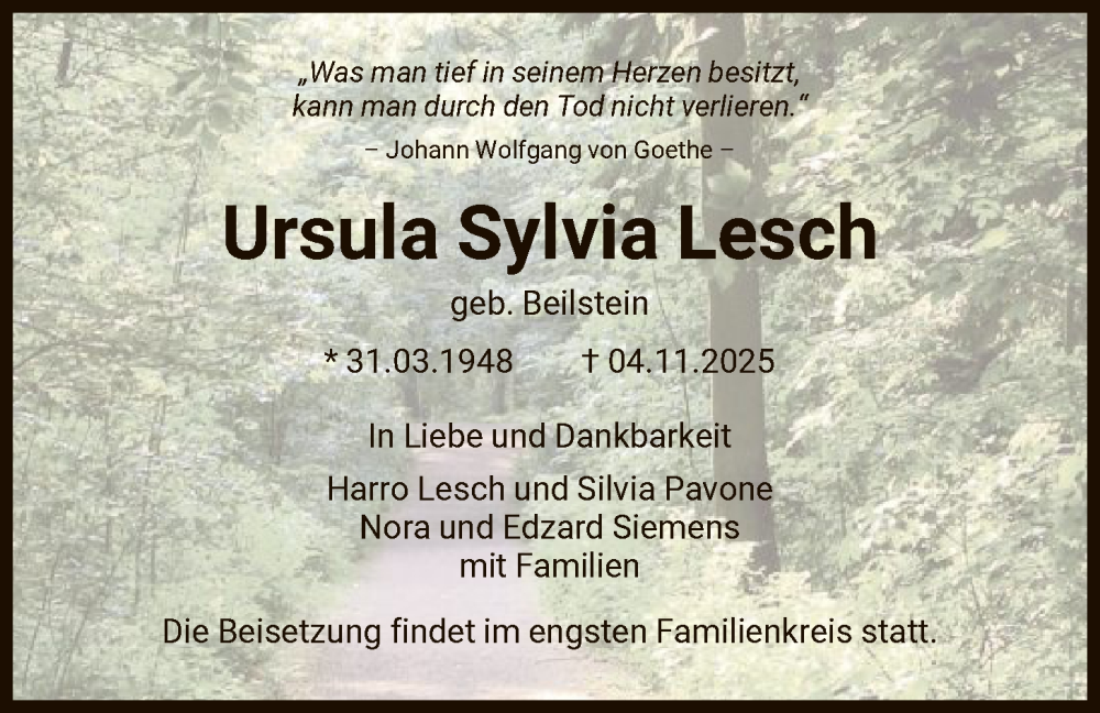  Traueranzeige für Ursula Sylvia Lesch vom 08.11.2025 aus FNP