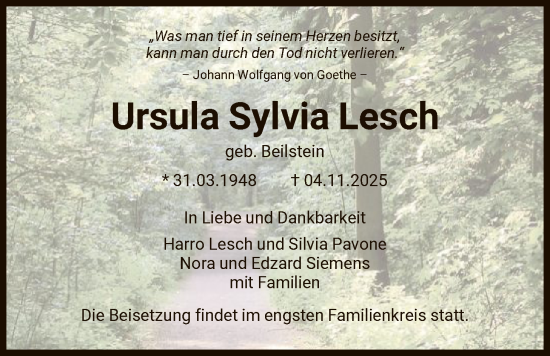 Traueranzeige von Ursula Sylvia Lesch von FNP