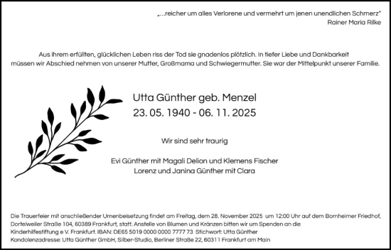 Traueranzeige von Utta Günther von FNP