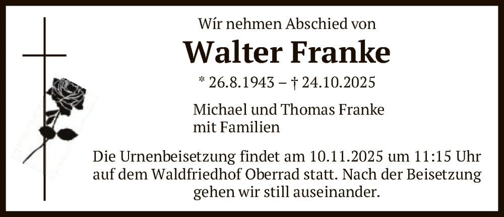  Traueranzeige für Walter Franke vom 08.11.2025 aus FNP