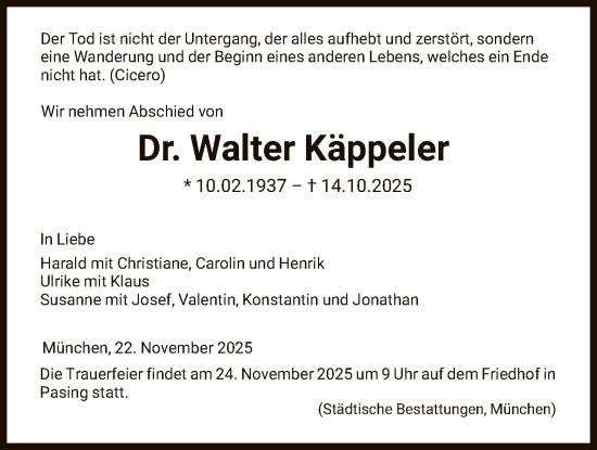 Traueranzeige von Walter Käppeler von FNP