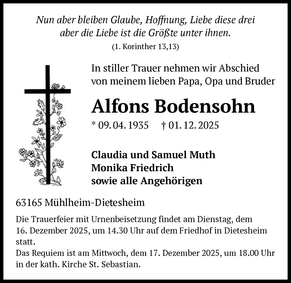  Traueranzeige für Alfons Bodensohn vom 06.12.2025 aus OFOP