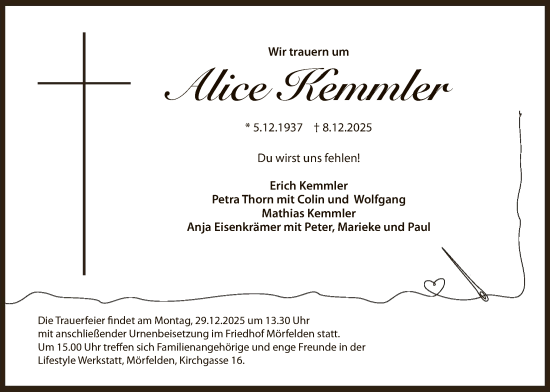Traueranzeige von Alice Kemmler von OFMF