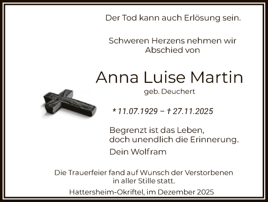 Traueranzeige von Anna Luise Martin von FNP