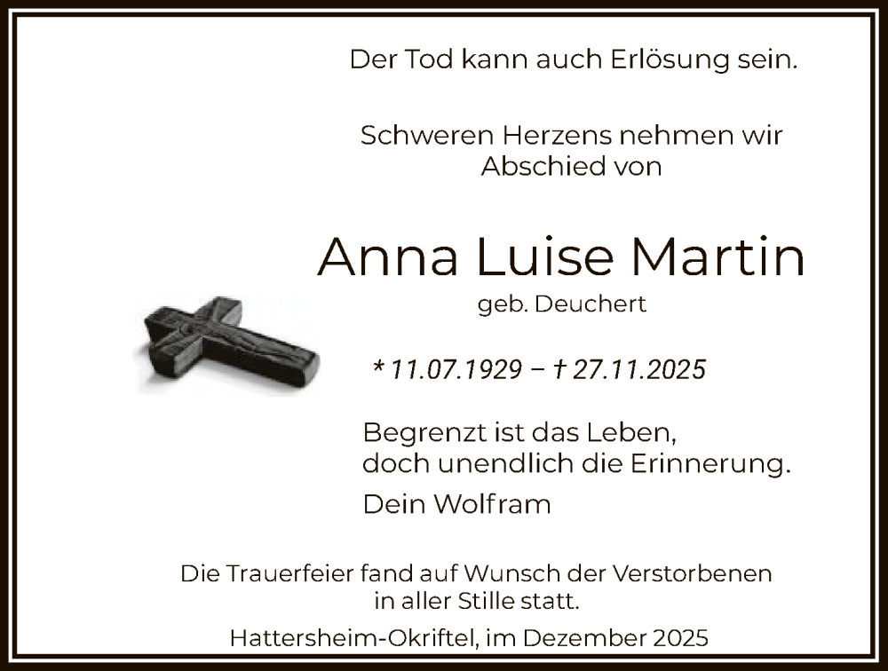  Traueranzeige für Anna Luise Martin vom 13.12.2025 aus FNP