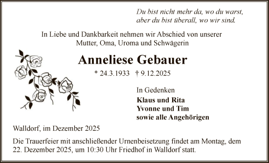 Traueranzeige von Anneliese Gebauer von OFMF