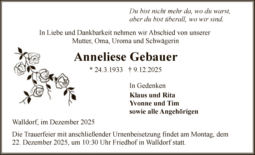  Traueranzeige für Anneliese Gebauer vom 19.12.2025 aus OFMF