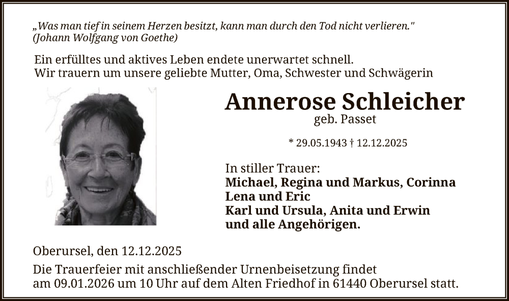 Traueranzeige für Annerose Schleicher vom 29.12.2025 aus FNP