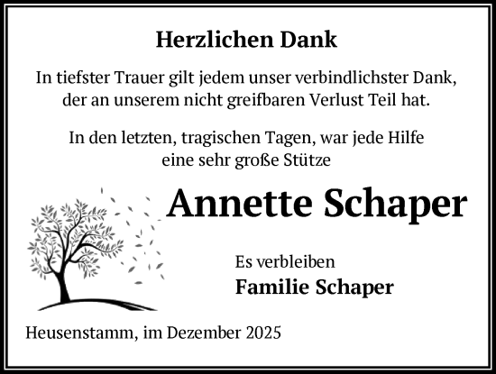 Traueranzeige von Annette Schaper von OF0T