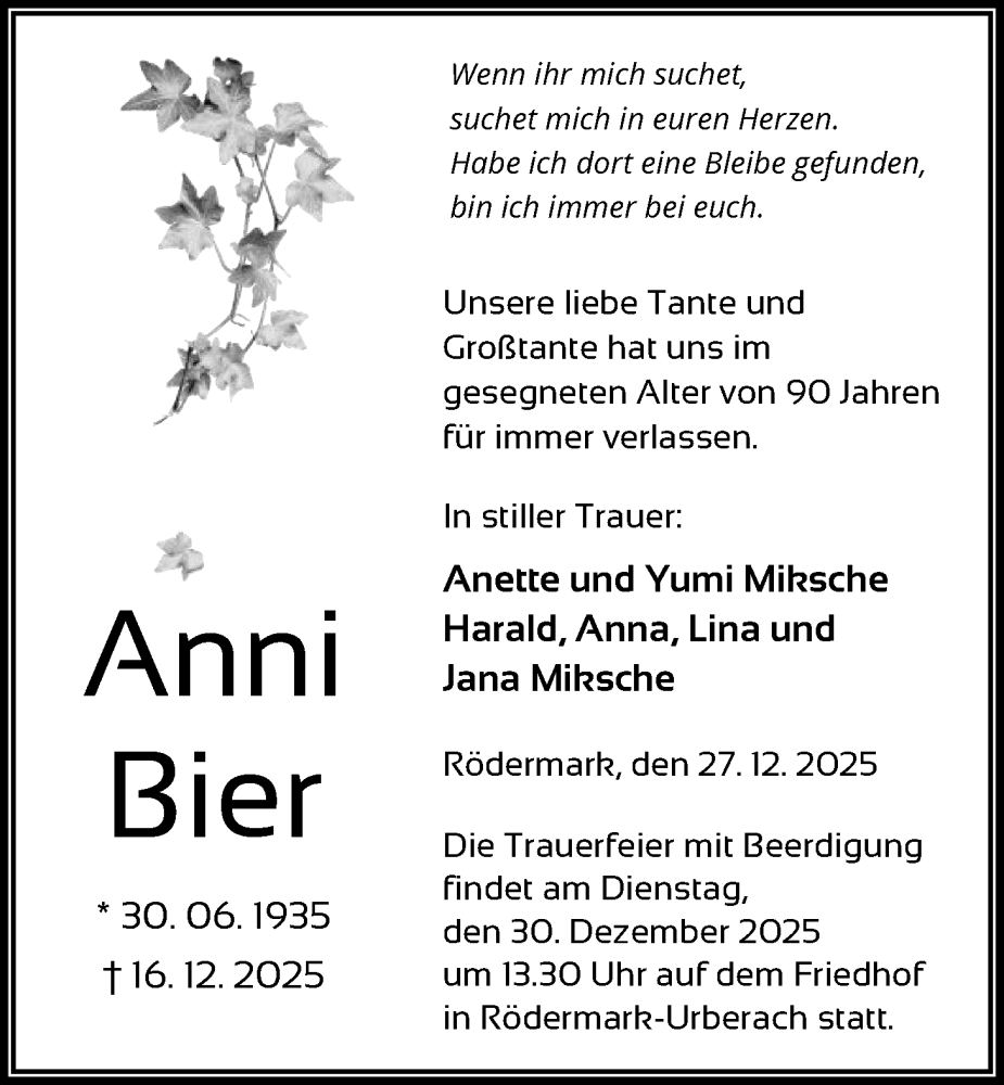  Traueranzeige für Anni Bier vom 27.12.2025 aus OF0L