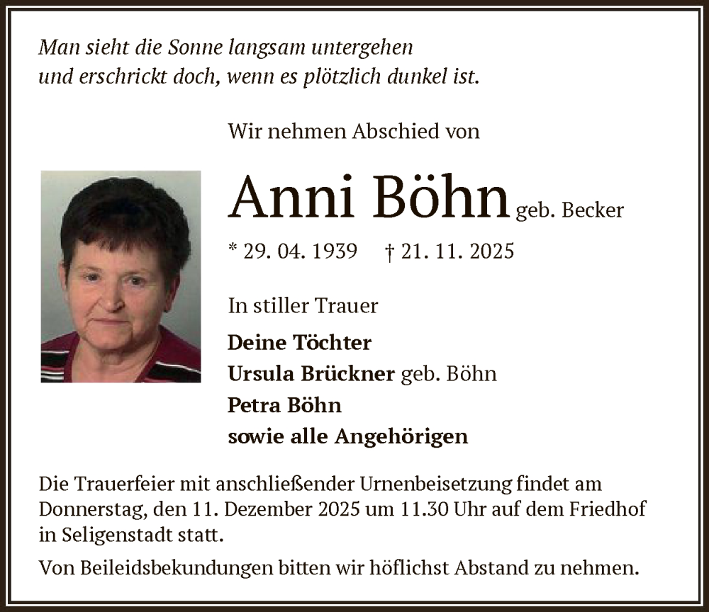  Traueranzeige für Anni Böhn vom 06.12.2025 aus OF0L