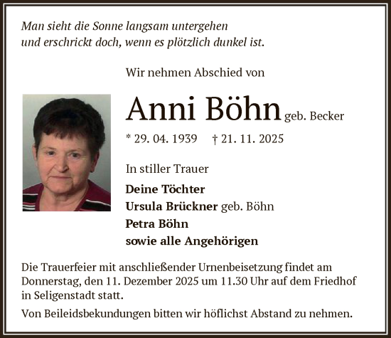 Traueranzeige von Anni Böhn von OF0L