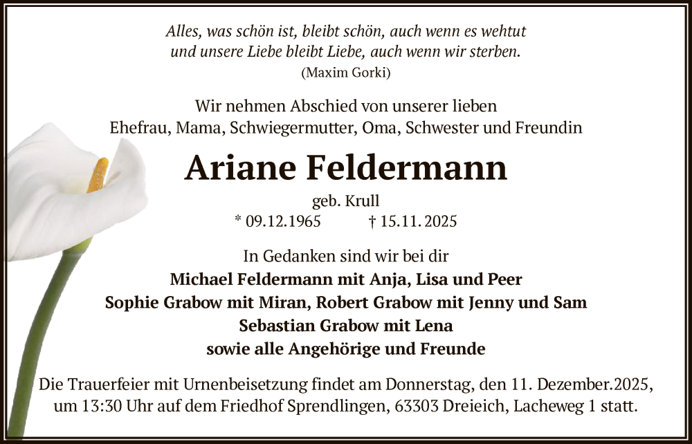  Traueranzeige für Ariane Feldermann vom 10.12.2025 aus OFOP